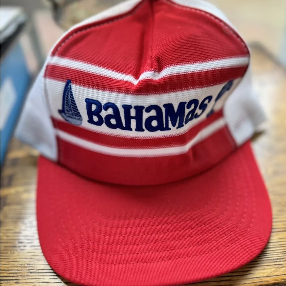 Vintage 80s Bahamas Red Striped Trucker hat Snapback Foam One Size Beach Surfer